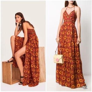 BA&SH Kemi Silk Dress Orange Printed Boho Voile Papaya Slit Maxi Gown Large NEW
